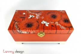 Orange rectangle lacquer box hand-painted with lotus pond included with stand 18x35 cm
